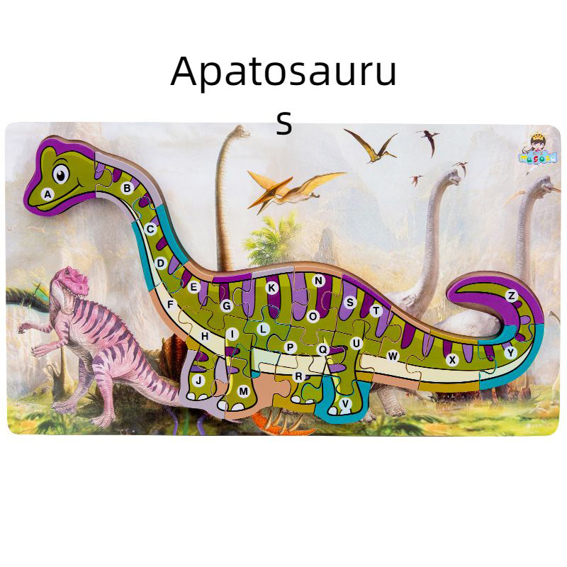 Alfabeto de dinossauro de madeira e conjunto de quebra-cabeça 3D para crianças (7)
